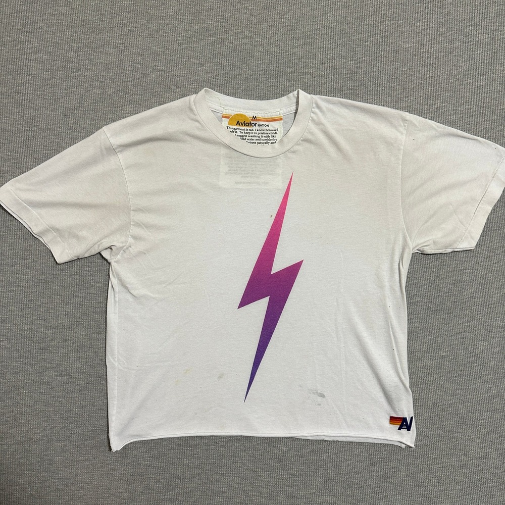 Aviator Nation Lightning Bolt Raw Hem Crop T-Shirt White Pink Purple Womens M